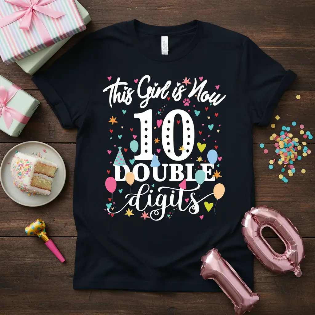 This Girl is Now 10 DOUBLE digits birthday t-shirt featuring playful typography and festive party graphics