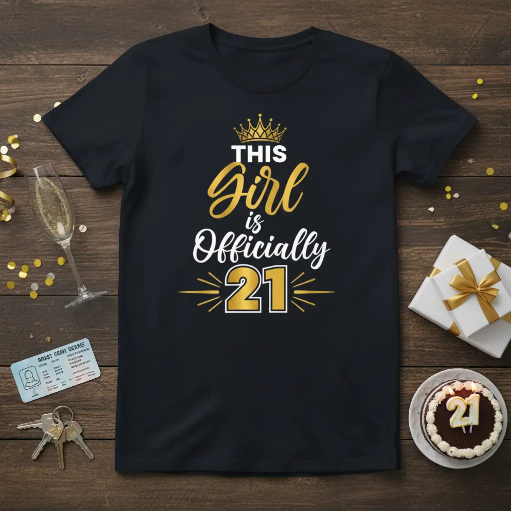 This Girl is Officially 21 text with crown and festive rays graphic on black t-shirt