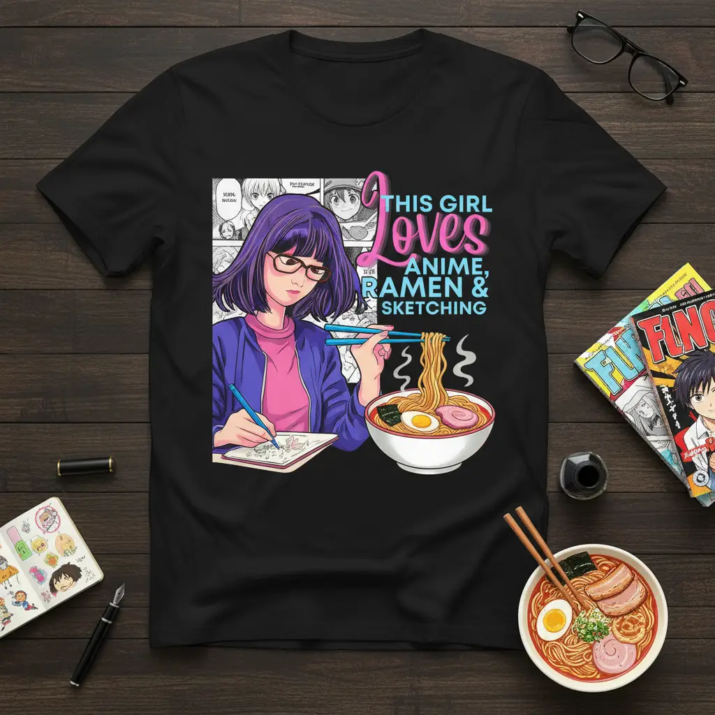 This Girl Loves Anime Ramen & Sketching quote design featuring an anime artist and ramen bowl