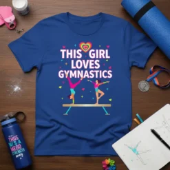 This Girl Loves Gymnastics text with two gymnasts on a balance beam, colorful hearts and stars graphic on a blue