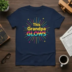 This Grandpa GLOWS text design with colorful starburst graphic on a navy t-shirt