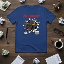 This Is Bullshirt! quote with an angry bull breaking through paper, on a blue t-shirt