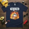 This Is Fine hot sauce t-shirt featuring a cartoon hot sauce bottle sitting calmly in a fiery armchair