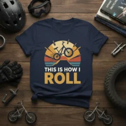This Is How I Roll quote with a BMX bike against a retro sunset graphic on a navy t-shirt