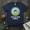 Navy t-shirt with white text "THIS IS HOW I ROLL" and a circular graphic of a hedgehog rolling downhill