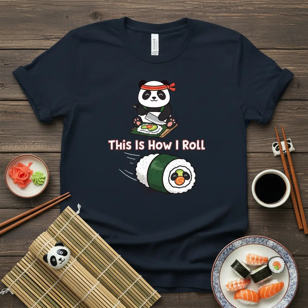 This Is How I Roll cute panda making sushi graphic tee with playful typography