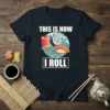 This is How I Roll sushi quote t-shirt with sushi rolls, salmon nigiri, and waves graphic