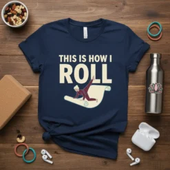 This is How I Roll yoga quote on a navy t-shirt with a graphic of a person rolling on a