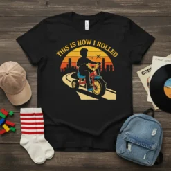Retro "This Is How I Rolled" t-shirt featuring a child on a tricycle against a vintage sunset cityscape