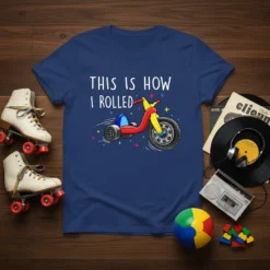 This is How I Rolled t-shirt with cartoon Big Wheel tricycle graphic and colorful stars