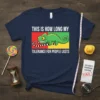 This Is How Long My Tolerance For People Lasts text with a green chameleon graphic on a navy blue t-shirt