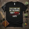 Black t-shirt with bold white text "THIS IS HOW LONG MY TOLERANCE FOR PEOPLE LASTS" and a graphic symbolizing the
