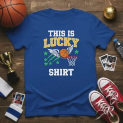 This Is Lucky Shirt design featuring a basketball flying towards a net with wings and stars, on a blue t-shirt