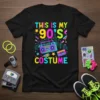 Retro "This Is My 90's Costume" t-shirt design with a colorful boombox, cassette tape, and city skyline graphic