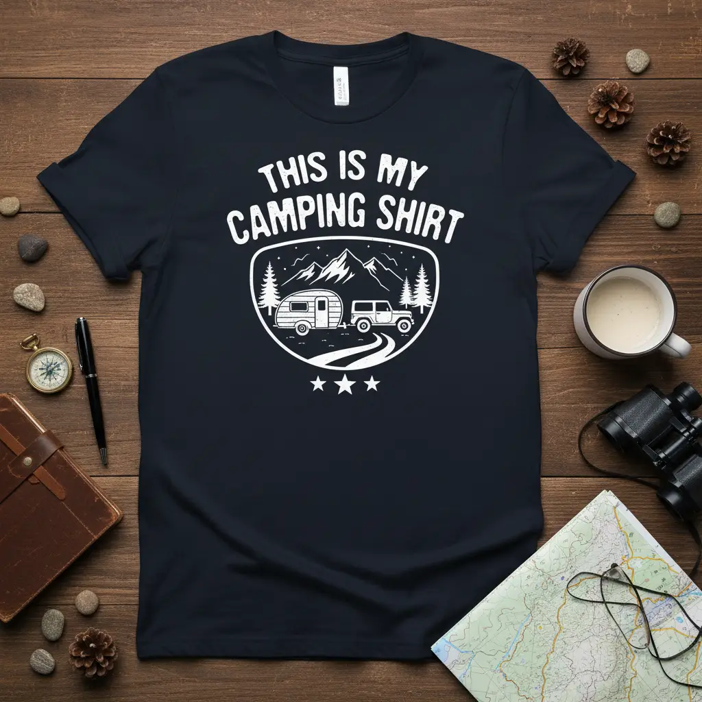 This Is My Camping Shirt graphic with camper and SUV on a scenic mountain road, ideal for outdoor enthusiasts