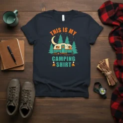 This Is My Camping Shirt design featuring a vintage camper, pine trees, moon, and marshmallows on a dark t-shirt