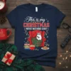 This is my CHRISTMAS MOVIE WATHING SHIRT text design with a white cat wearing 3D glasses, sitting in a red