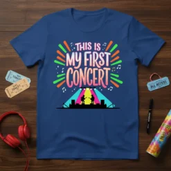 This is My First Concert text design with silhouettes of musicians on stage, vibrant lights, and musical notes