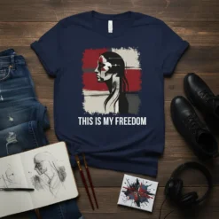 This Is My Freedom quote t-shirt with a profile graphic of a woman against a distressed flag background