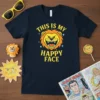 Navy t-shirt with "This Is My Happy Face" text and a cartoon lion graphic, featuring yellow and orange colors