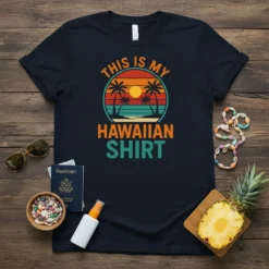 Retro design with text "THIS IS MY HAWAIIAN SHIRT" featuring a sunset, palm trees, and ocean waves