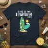 This Is My Hawaiian Shirt graphic with a decorated surfboard, sun, and wave on a navy blue tee