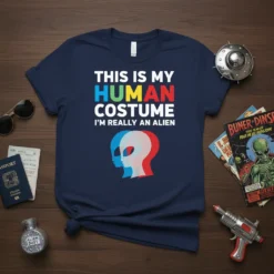 Navy t-shirt with bold text "THIS IS MY HUMAN COSTUME I'M REALLY AN ALIEN" and three alien head profiles in