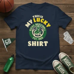 This Is My Lucky Bucks Basketball Est. 1968 Shirt featuring a deer graphic and team name on a navy t-shirt