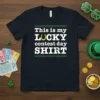 This is my LUCKY contest day SHIRT with a horseshoe and shamrocks, dark navy tee for St. Patrick's Day