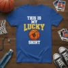 This Is My Lucky Shirt text with basketball graphic on a blue t-shirt for basketball fans