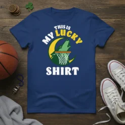 Graphic t-shirt with white text "THIS IS MY LUCKY SHIRT" and a green wolf howling at a basketball hoop