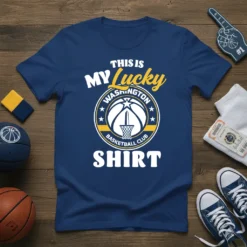 Navy blue t-shirt with "THIS IS MY Lucky WASHINGTON BASKETBALL CLUB SHIRT" text and basketball graphic