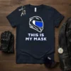 Navy t-shirt with "THIS IS MY MASK" text and a white and blue motorcycle helmet graphic