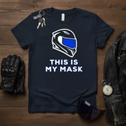 Navy t-shirt with "THIS IS MY MASK" text and a white and blue motorcycle helmet graphic
