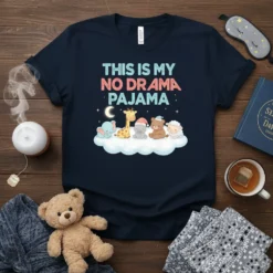 This Is My No Drama Pajama t-shirt with cute sleeping animals on clouds, moon, and stars