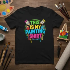 Black t-shirt with colorful text reading "THIS IS MY PAINTING SHIRT" surrounded by paint buckets and brushes