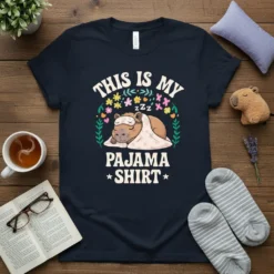 This Is My Pajama Shirt design featuring a sleeping capybara wearing an eye mask, surrounded by flowers and leaves