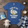This Is My Pajama Shirt text with a cute sleepy sheep on the moon graphic, navy blue t-shirt