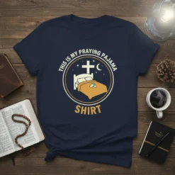 Navy t-shirt with "This Is My Praying Pajama Shirt" text and graphic of a bed, praying hands, cross, moon, and