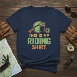 This Is My Riding Shirt text with motorcycle helmet graphic and wrench on navy t-shirt