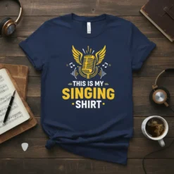 This is My Singing Shirt quote with a vintage microphone and wings graphic, navy blue t-shirt