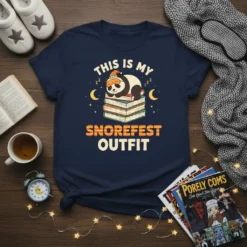 This Is My Snorefest Outfit t-shirt design with a sleeping panda on books, featuring moons and stars, for book lovers
