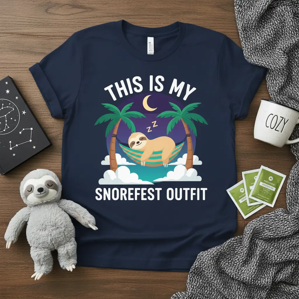 This Is My Snorefest Outfit t-shirt featuring a sleeping sloth in a hammock, palm trees, and moon graphic