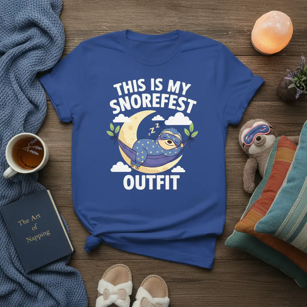 This Is My Snorefest Outfit T-Shirt with a cute sleeping sloth graphic on the moon, perfect for nap lovers
