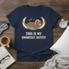 This Is My Snorfest Outfit t-shirt with a graphic of a bear sleeping in a hammock under a crescent moon
