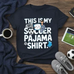 Navy t-shirt with white text: "THIS IS MY SOCCER PAJAMA SHIRT." Features graphics of a soccer ball, goal, person holding