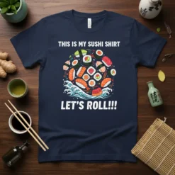Navy blue t-shirt with "THIS IS MY SUSHI SHIRT LET'S ROLL!!!" text and a graphic of various sushi rolls and