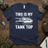 Navy t-shirt with white text "THIS IS MY TANK TOP" and a graphic of a tank