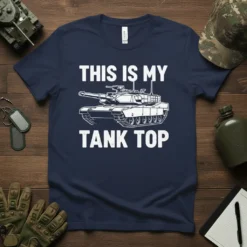 Navy t-shirt with white text "THIS IS MY TANK TOP" and a graphic of a tank