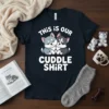 This is our Cuddle Shirt design with two cute husky dogs snuggling, white text